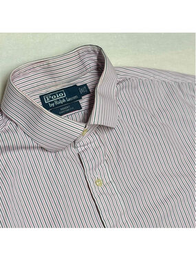 Men's Polo by Ralph Lauren Dress Shirt Neck 17.5 White Pink Striped